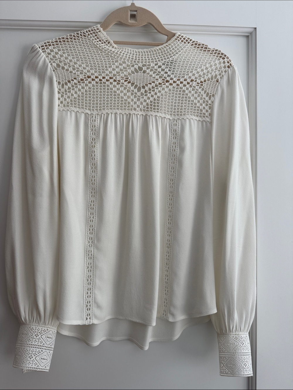 Joie Cream Crochet Yoke Long Sleeve Blouse